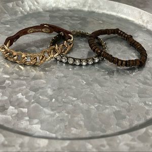 Gold Leather and Wood CZ Bracelet Trio, Costume Jewelry